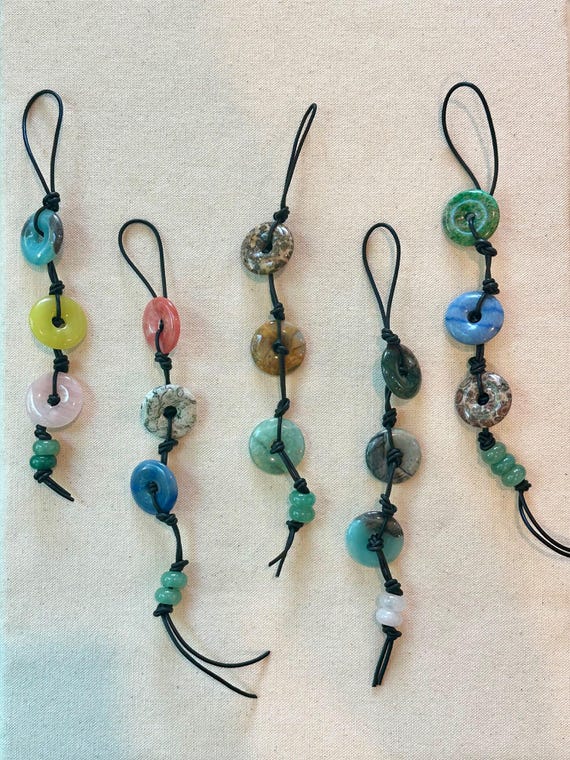 Leather and Multi-Stone Three Bead Bag Charm