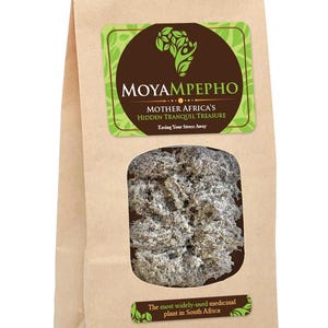 May include: A brown paper bag with a clear window displaying a dried herbal product. The bag features a green and brown label with the text "MOYAMPEPHO" and "MOTHER AFRICA'S HIDDEN TRANQUIL TREASURE". The text "Easing Your Stress Away" is also visible.