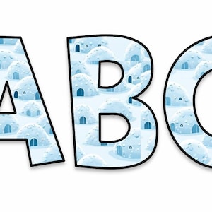 May include: The letters "ABC" are displayed in a playful font, each outlined in black. The letters are filled with a pattern of blue and white igloos set against a snowy landscape, creating a wintery theme. The background is plain white.