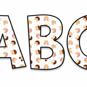 May include: White background with the letters "ABC" in a bold, black outline. The letters are filled with a pattern of fortune cookies in shades of brown, pink, and white. The fortune cookies have a black outline and are scattered across the letters.