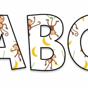 May include: The letters "ABC" are displayed in a playful design. Each letter is white with a black outline and filled with a pattern of brown monkeys, yellow bananas, and green vines. The image is set against a white background.