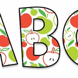 May include: The letters "ABC" are displayed, each outlined in black. The letters are filled with a pattern of red and green apples on a white background. The apples have green leaves and some are sliced.