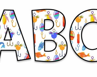 May include: The letters "ABC" are displayed in a playful font, each outlined in black. The letters are filled with a pattern of colorful fishing lures and fish, set against a white background. The lures feature various colors and designs.