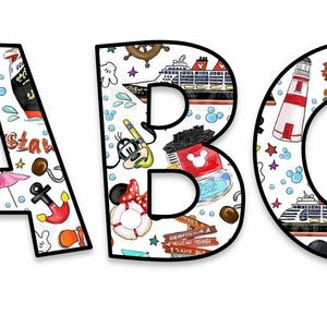 May include: Decorative ABC letters with a nautical theme. The letters are filled with illustrations of cruise ships, anchors, and cartoon characters. The letter "A" features Stitch, and the letter "B" has Mickey and Minnie Mouse. The letters are outlined in black.