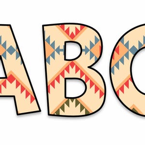 May include: The letters "ABC" are displayed in a bold, sans-serif font. Each letter is filled with a repeating pattern of geometric shapes in shades of red, blue, orange, and green on a cream background, outlined in black. The background is white.