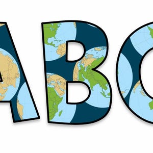 May include: The letters "ABC" are displayed in a bold, dark blue font. Each letter is filled with a world map design, featuring continents in shades of green, tan, and blue. The letters have a black outline and are set against a white background.