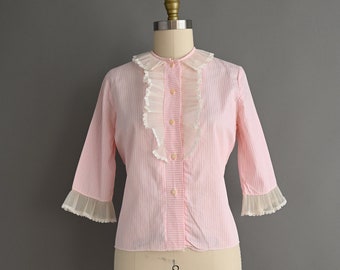 vintage 1950s Blouse | Bubble Gum Pink Pinstripe Cotton Ruffle Blouse | Medium