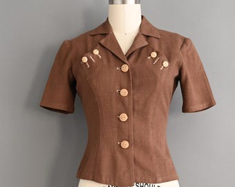 vintage 1940er Jahre Bluse | Braune Leinen Kurzarm Bluse | S