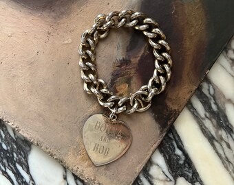 Vintage Chainlink Chunky Silver Love Heart Bracelet