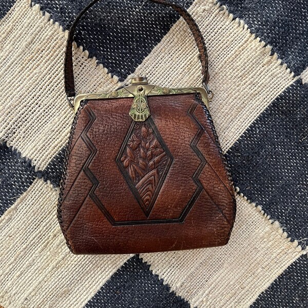 Antique 1920s Art Nouveau Leather Handbag