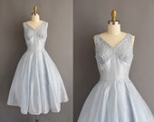 vintage 1950s icy blue shimmery silk chiffon full skirt bridal Winter cocktail party dress Small vintage 50s icy blue lace cupcake dress