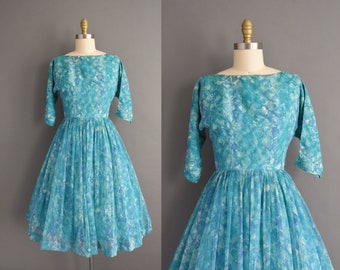 vintage 1950s Turquoise Blue Chiffon Full Skirt Party Dress | Small |