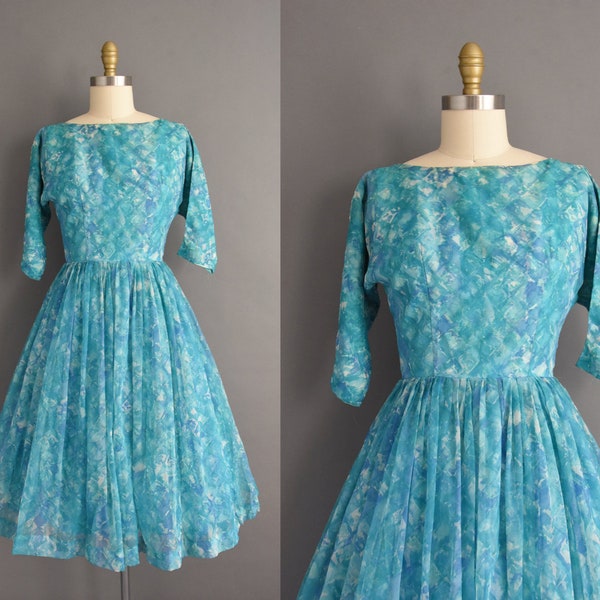 vintage 1950s Turquoise Blue Chiffon Full Skirt Party Dress | Small |