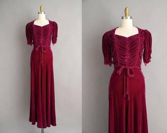 vintage jaren 30 jurk | Prachtige druivenzijde fluwelen antieke jurk | XS - Klein
