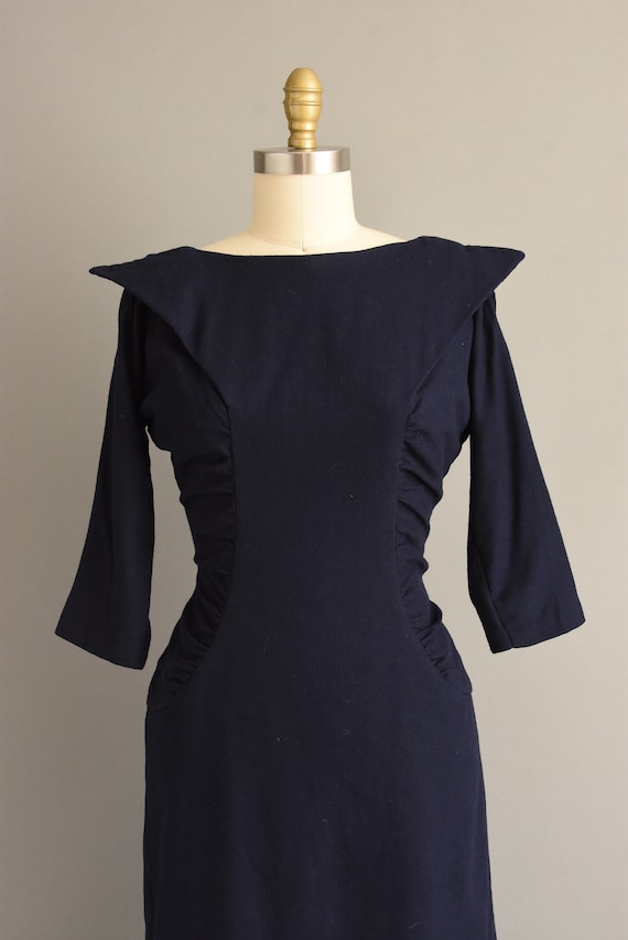 vintage 1950s dress | Gorgeous Navy Blue Wool Coc… - image 3