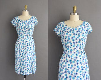 1950s Vintage Blue Floral Print Dress | Medium |