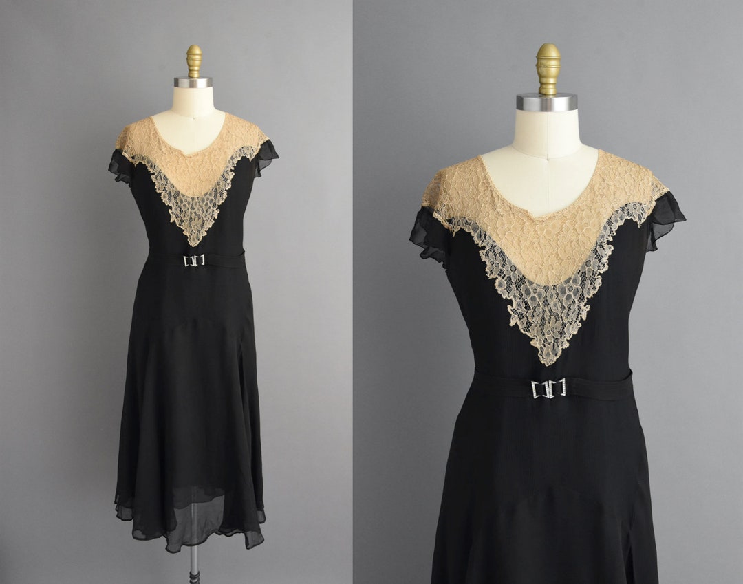 Vintage 1920s Dress Antique Black Silk Chiffon Lace Flapper Dress Large ...