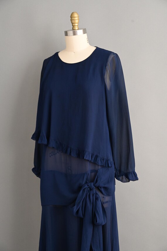 navy blue silk chiffon dress vintage 1920s dress | Navy Blue Silk Chiffon Antique Dress