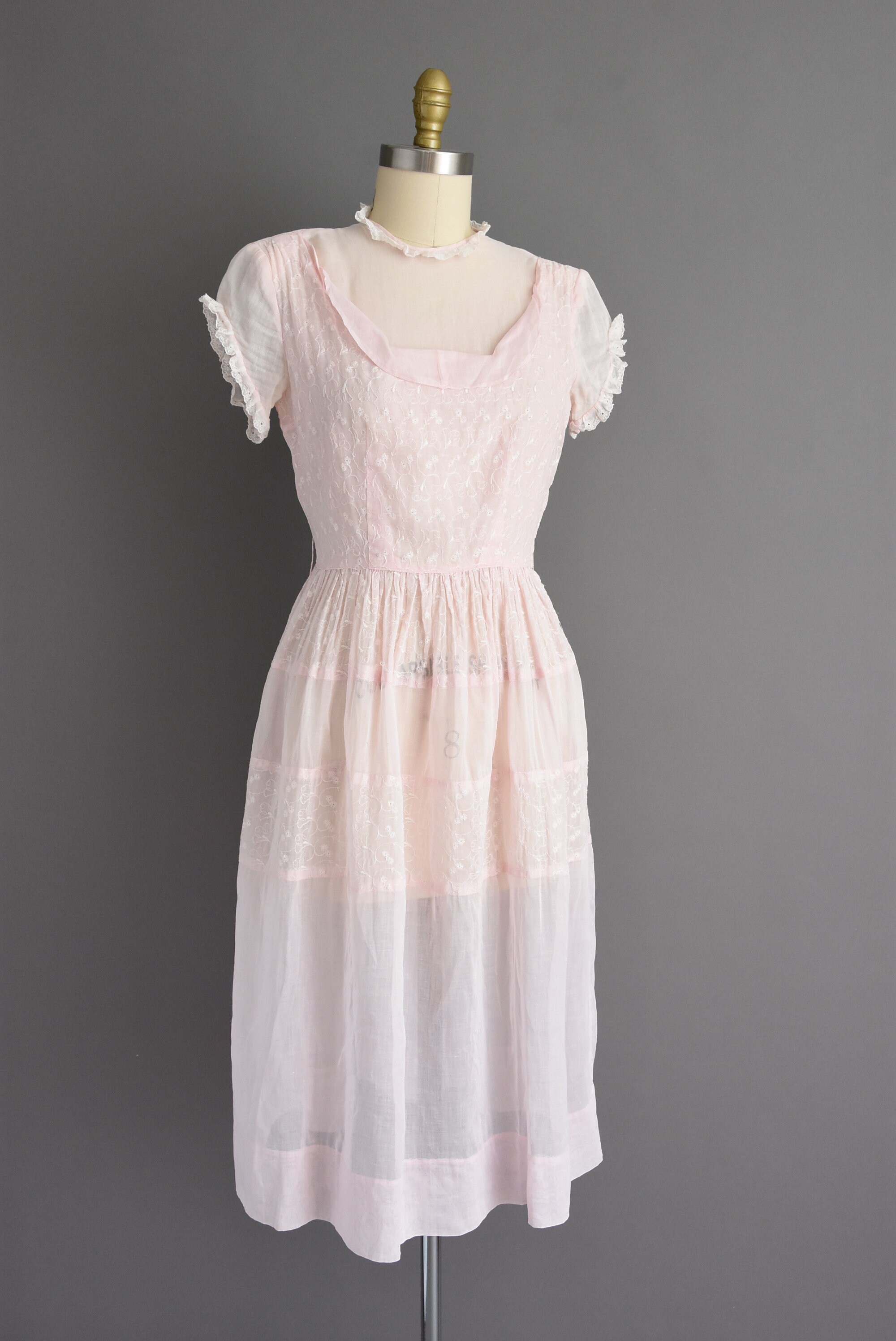 50s Dress Pastel Pink Floral Embroidered Short Sleeve Full - Etsy