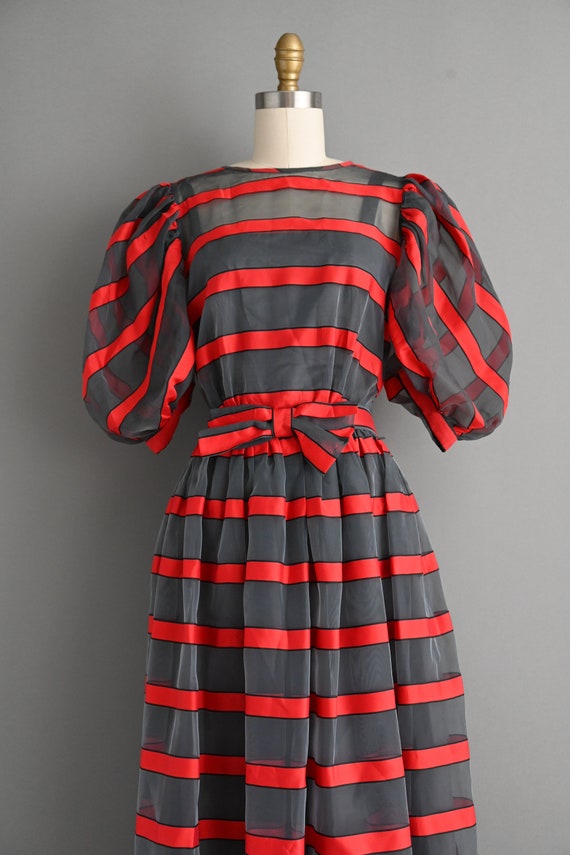 vintage 1980s Puff Sleeve Stripe Party Dress - Sm… - image 2