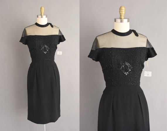 vintage 50s dress - Deadstock jet black rayon shee