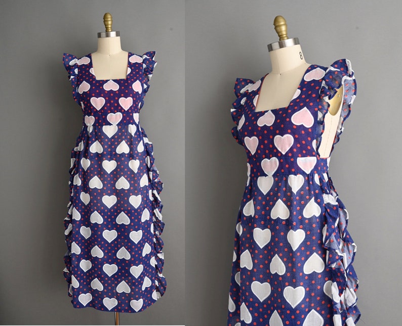 vintage 1960s Dress Vintage Heart Print Ruffle Cotton Dress Medium zdjęcie 1