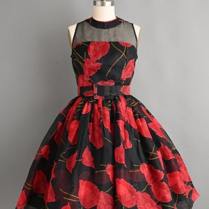 Vintage 1950s Dress Bold Red Poppy Floral Print Full Skirt Cocktail Dress small medium image 4