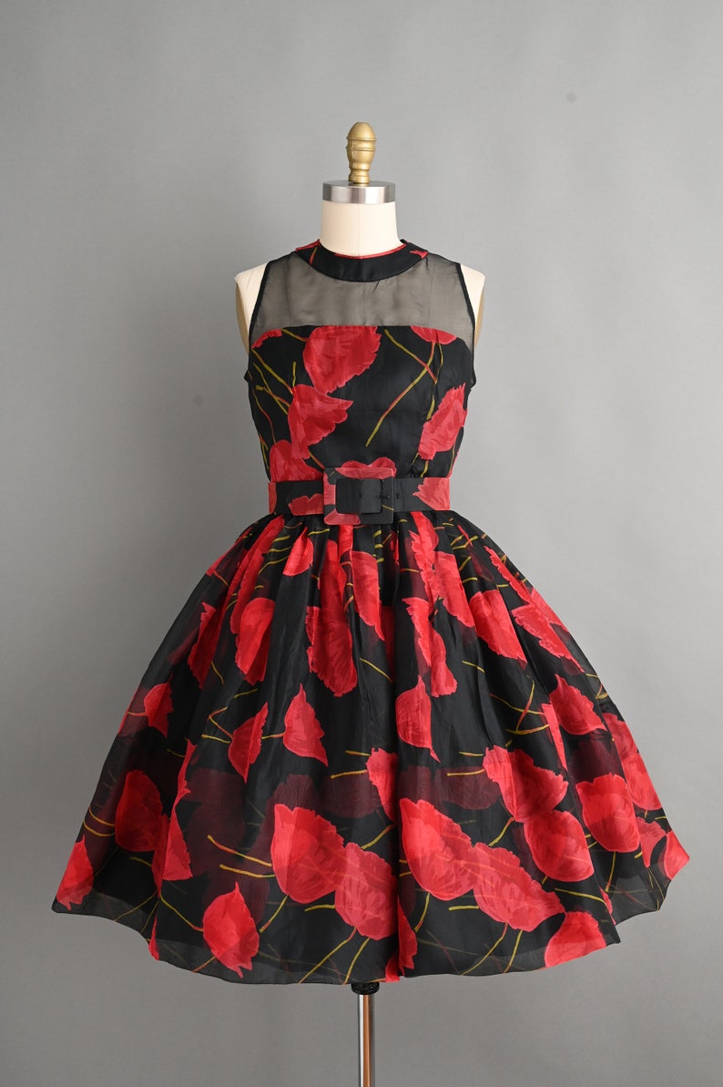 Vintage 1950s Dress Bold Red Poppy Floral Print Full Skirt Cocktail Dress small medium image 4