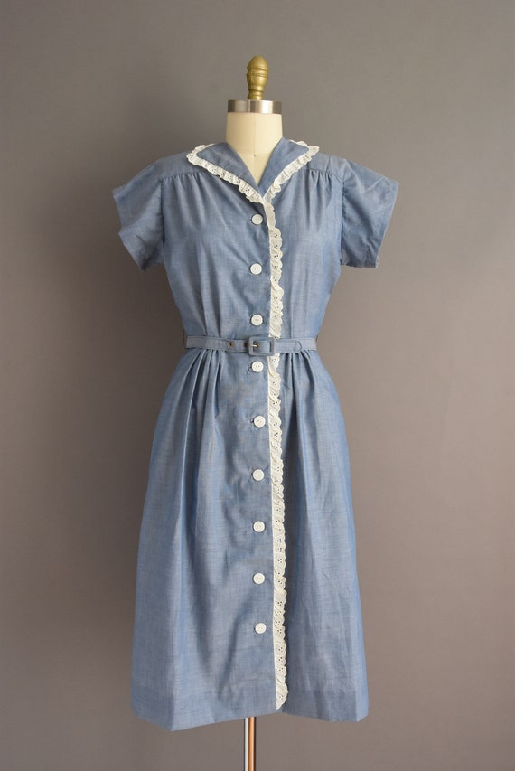 vintage 1950s Chambray Blue Eyelet Cotton Day Dre… - image 2