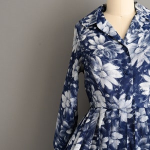 vintage 1960s Dress Vintage Navy Blue Floral Long Sleeve Shirt Waist Dress Medium Large image 4