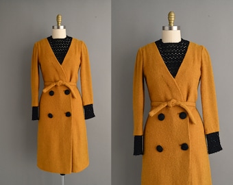 1960s inspired dress  | Cozy Mustard textured Long Sleeve Fall Dress | Medium