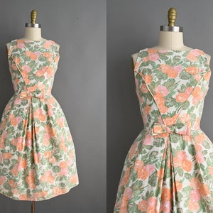 vintage 1950s Dress Vintage Peach Floral Pront Full Skirt Party Dress Small image 1