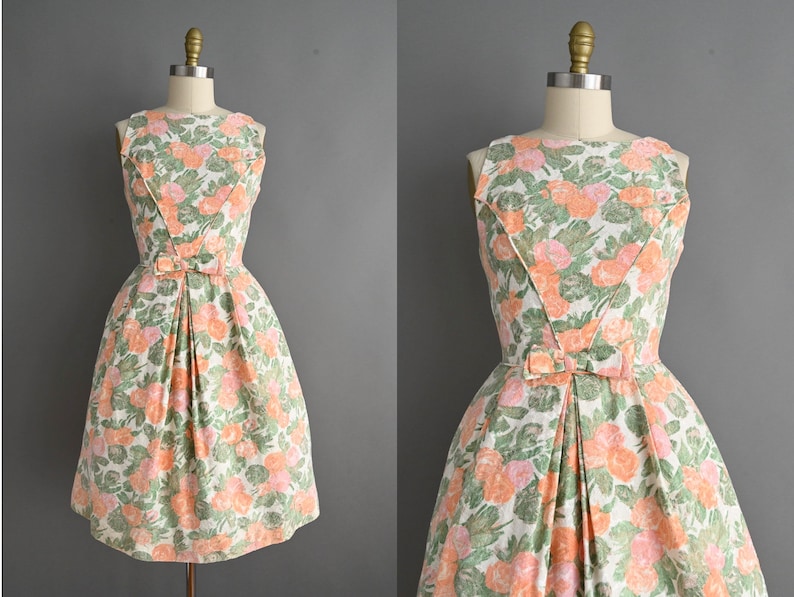 vintage 1950s Dress Vintage Peach Floral Pront Full Skirt Party Dress Small image 1