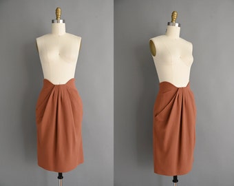 vintage 1980s Skirt | Gorgeous Draped Anne Klein Nutmeg Skirt | Small