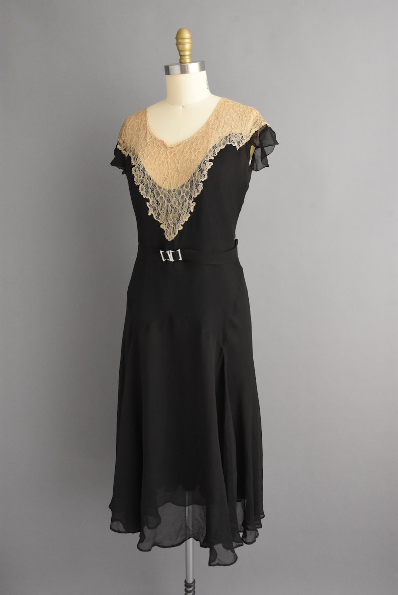 vintage 1920s antique black chiffon lace flapper dress Large image 7