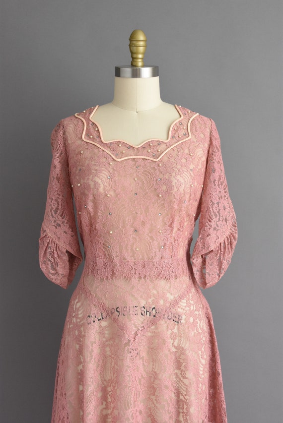 Vintage 1950s Rose Pink Rhinestone Lace Dress | L… - image 3