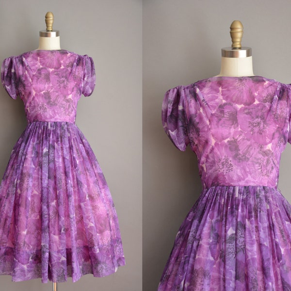 50s purple chiffon floral full skirt vintage dress / vintage 1950s dress