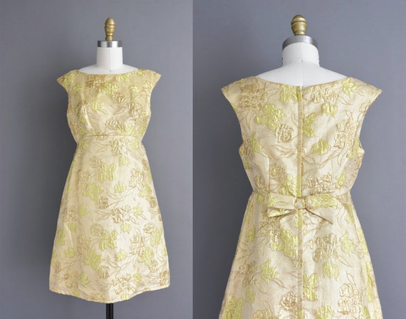 vintage 1960s dress | Sparkling gold tinsel flora… - image 1