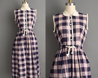 Vintage 1950s Dress |  Frances Fay Plaid Print Shirtwaist Cotton Day Dress | Small