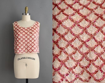 vintage 1960s blouse | Knit Sparkly Pink Sequin Blouse | medium