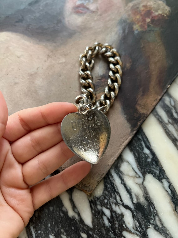 Vintage Chainlink Chunky Silver Love Heart Bracel… - image 2