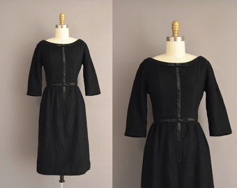 vintage 1950s Black Wool Wiggle Dress | XS Small |