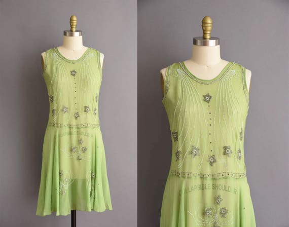 1920s antique green STARS beaded chiffon vintage d