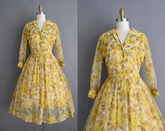 vintage 1960s Dress | Vintage Golden Yellow Floral Print Dress | Large