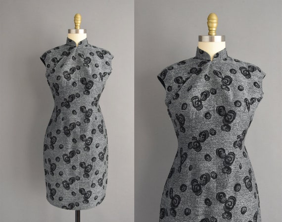vintage dress 50s | Gray swirl print cheongsam coc