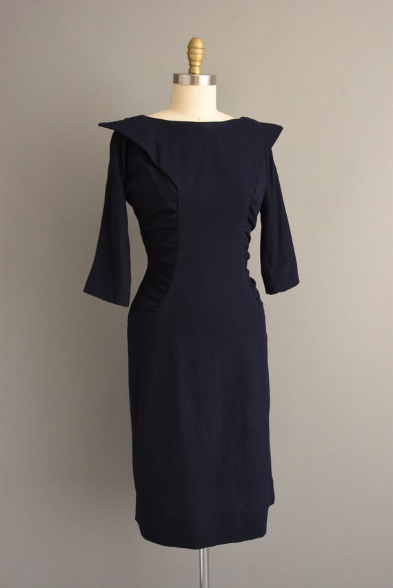 vintage 1950s dress | Gorgeous Navy Blue Wool Coc… - image 5