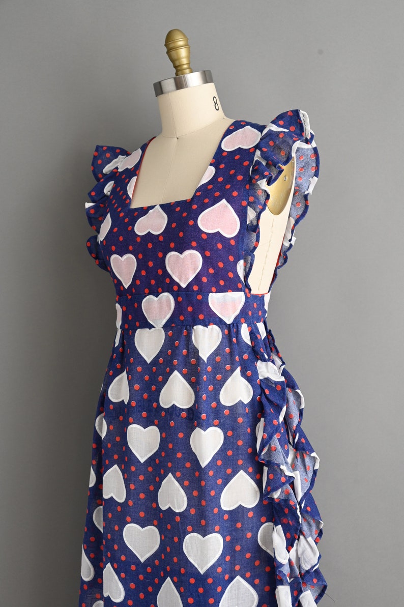 vintage 1960s Dress Vintage Heart Print Ruffle Cotton Dress Medium zdjęcie 7