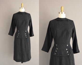 vintage 1950s Charcoal Gray winter wool cocktail wiggle dress | Small |
