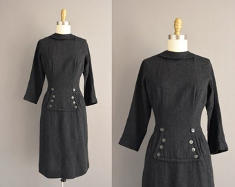 vintage 1950s dress l Charcoal Gray winter wool cocktail wiggle dress | Small