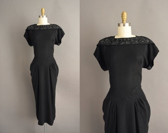 Vintage 1950s Dress | Gorgeous Black Rayon Glass Beaded Cocktail Wiggle Dress | Medium